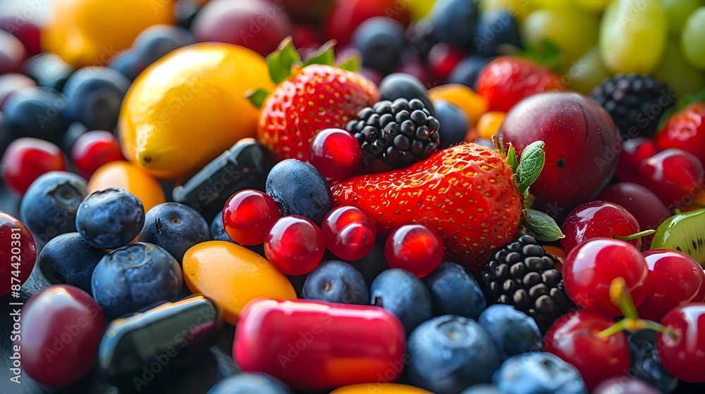 Assortment of Fresh Vibrant Fruits and Berries in a Bowl on a Wooden Table Assortment of Fresh Vibrant Fruits and Berries in a Bowl on a Wooden Table