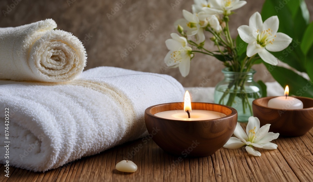 Rolled towels and lit candles with flowers in spa setting Rolled towels and lit candles with flowers in spa setting