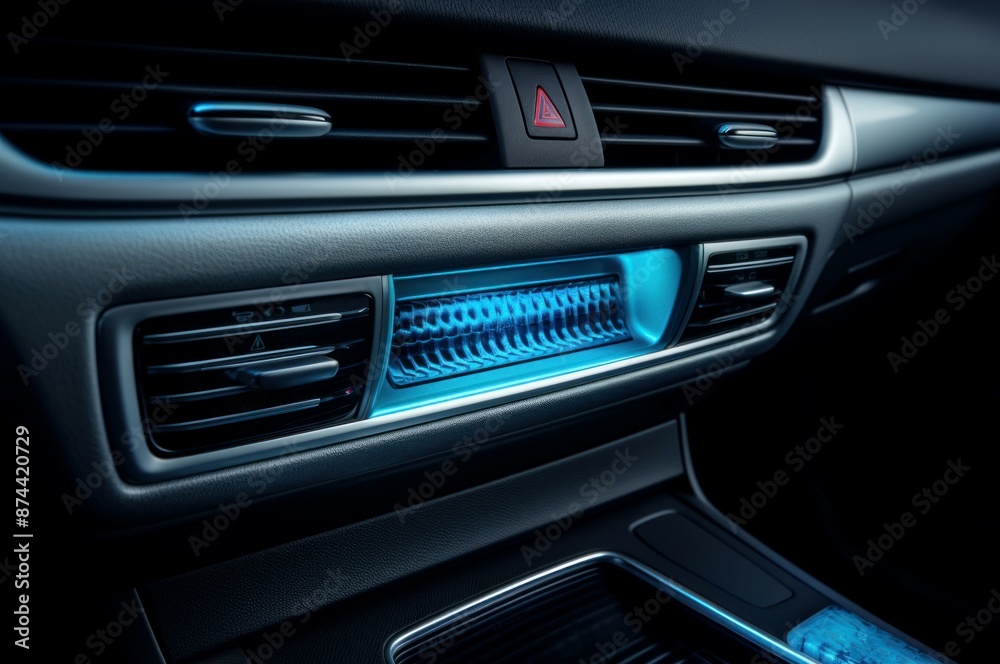 Close-up view of a vehicle's dash with glowing blue ambient lighting Close-up view of a vehicle's dash with glowing blue ambient lighting