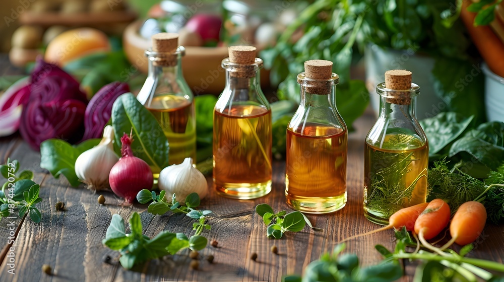 Bottles of Fragrant Herbs and Oils with Fresh Vegetables on Wooden Table Bottles of Fragrant Herbs and Oils with Fresh Vegetables on Wooden Table