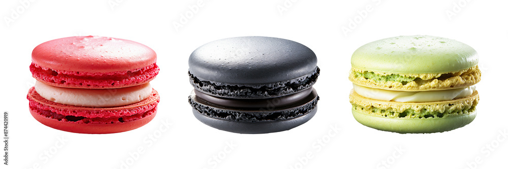 Three macarons in vibrant colors red, black, and green, each with a creamy filling, isolated on a transparent background. Three macarons in vibrant colors red, black, and green, each with a creamy filling, isolated on a transparent background.