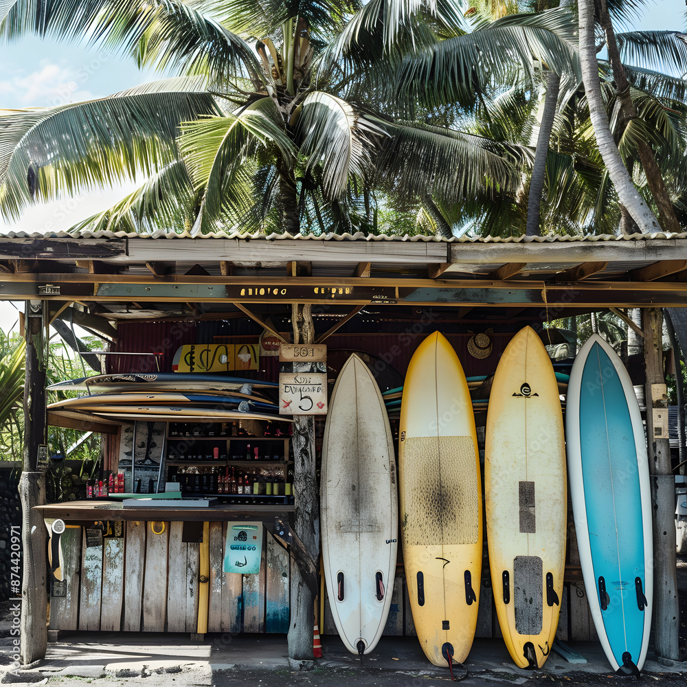 surf rental kiosk located under palm trees, several colorful surfboards