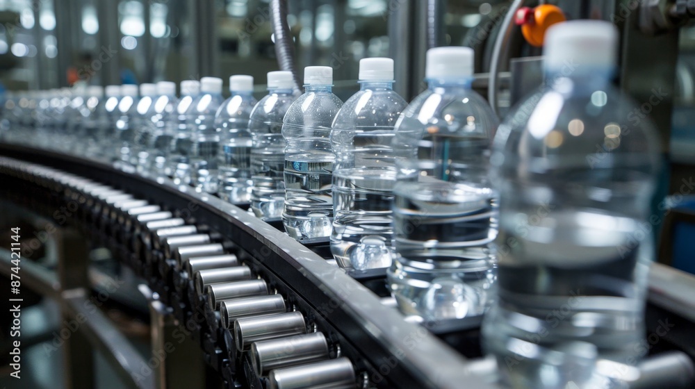 Empty plastic bottles and canisters being filled in bottling factory Empty plastic bottles and canisters being filled in bottling factory