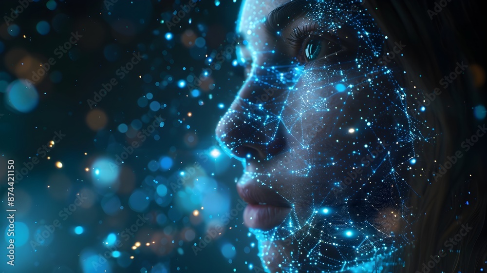 Fototapeta premium Ethereal Digital Fusion of Woman s Face with Cosmic Energy and Futuristic Technology