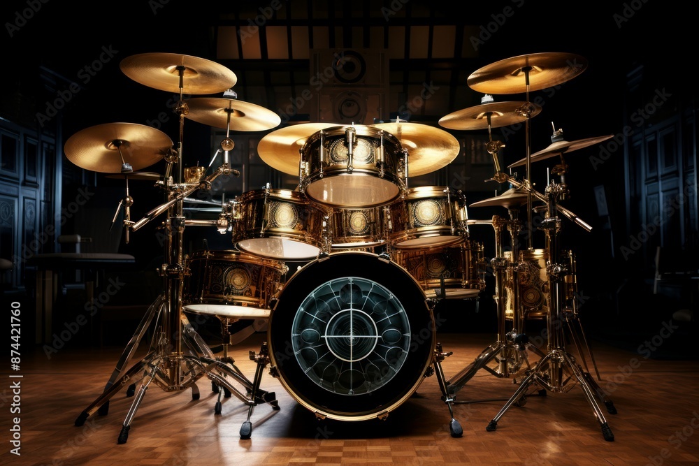 Fototapeta premium Professional drum kit with golden details shines under stage lights, ready for a performance