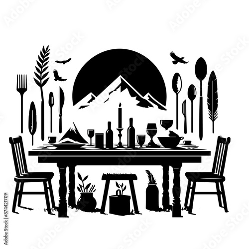 white and black shilloute vector table photo