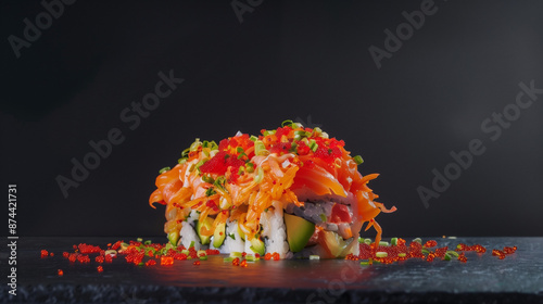 Sushi roll close up on black background with salmon and roe professional food photography