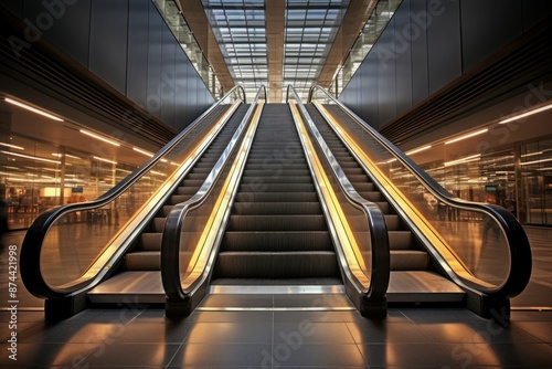 Symmetrical view of an empty escalator with illuminated handrails in a sleek, modern building photo