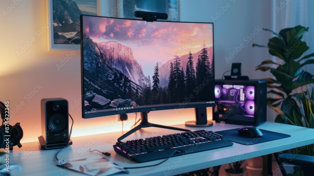 Naklejka premium Modern desktop setup with monitor, keyboard, and mouse on clean white table