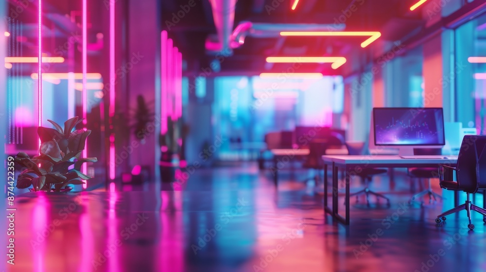 Modern neon cyberpunk open space office interior blurred with information technology overlay, generative AI for corporate strategy in finance, operations, marketing. Modern neon cyberpunk open space office interior blurred with information technology overlay, generative AI for corporate strategy in finance, operations, marketing.