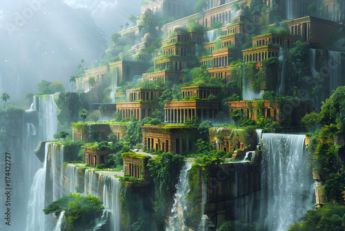 The Hanging Gardens of Babylon, one of the Seven Wonders of the Ancient World, depicted in a majestic and detailed landscape. This historic scene showcases the lush greenery and architectural marvel o