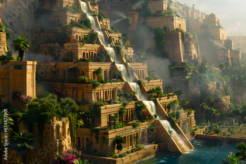 The Hanging Gardens of Babylon, one of the Seven Wonders of the Ancient World, depicted in a majestic and detailed landscape. This historic scene showcases the lush greenery and architectural marvel o