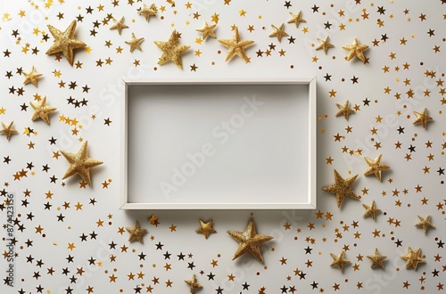 White Background With Golden Glitter Stars and Frame