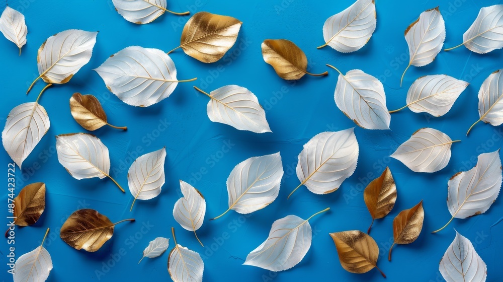 Striking white and gold leaves stand out amidst a vibrant blue backdrop, embodying elegance and contrast. Striking white and gold leaves stand out amidst a vibrant blue backdrop, embodying elegance and contrast.