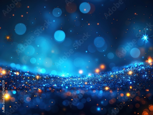 Sparkling bokeh lights on a blue background evoking a magical scene photo