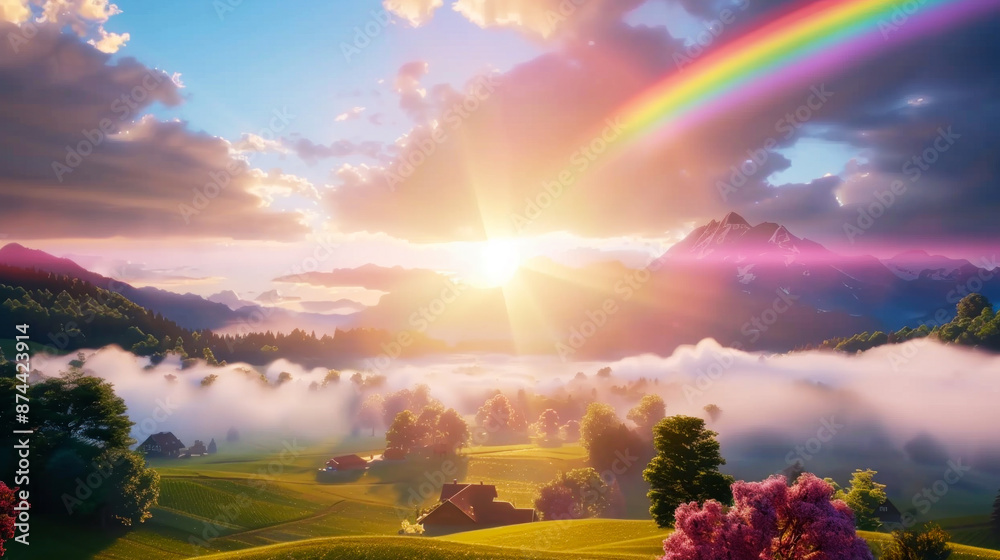 Vivid candy-colored landscape with blossoming meadows and rainbow Vivid candy-colored landscape with blossoming meadows and rainbow