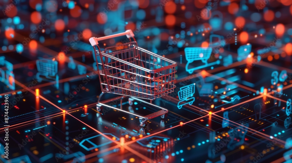 Futuristic e-commerce concept, Shopping cart on technology dynamic digital board. Futuristic e-commerce concept, Shopping cart on technology dynamic digital board.