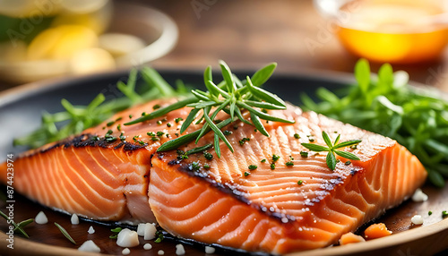 Lachs Filet Stücken mit Pfeffer Dill Zitrone Salz auf Holzbrett frisch zubereitet in Nahaufnahme, köstlich leckerer Fisch Zubereitung gebraten gegrillt gesunde Mahlzeit geräuchert köstliche Diät photo