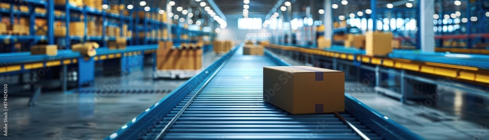 Packages stream along a conveyor in a bluelit warehouse, capturing the essence of nextgen logistics Packages stream along a conveyor in a bluelit warehouse, capturing the essence of nextgen logistics