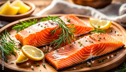 Lachs Filet Stücken mit Pfeffer Dill Zitrone Salz auf Holzbrett frisch zubereitet in Nahaufnahme, köstlich leckerer Fisch Zubereitung für braten grillen gesunde Mahlzeit fettreiche köstliche Proteine  photo