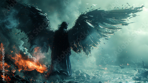 Fallen angel with black wings in purgatory