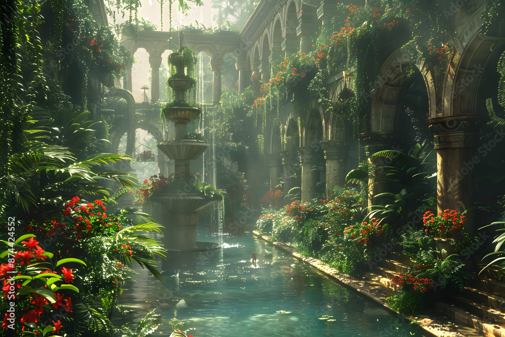 Obraz premium The Hanging Gardens of Babylon, one of the Seven Wonders of the Ancient World, depicted in a majestic and detailed landscape. This historic scene showcases the lush greenery and architectural marvel o