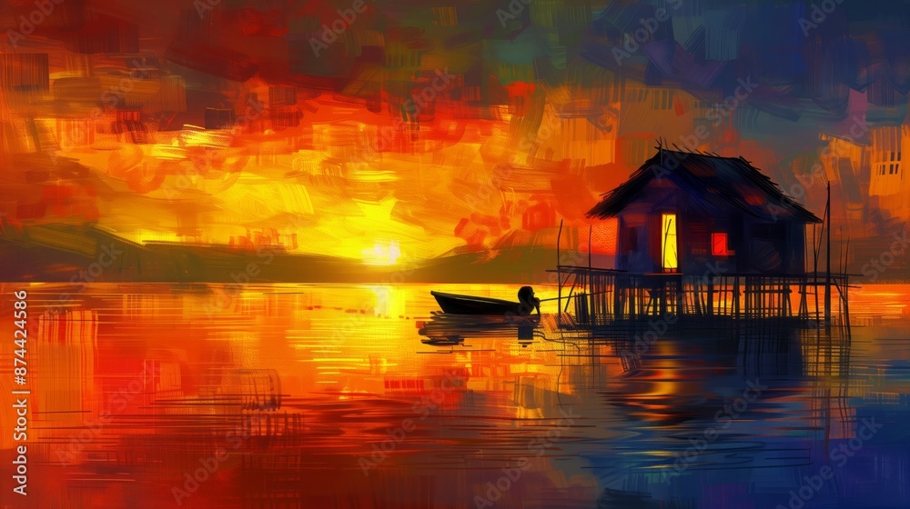 digital art of a fishing hut on the water, digital painting with a bright color palette and brush strokes, vector illustration with colorful, fantasy and modern details