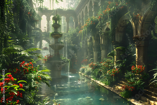 The Hanging Gardens of Babylon, one of the Seven Wonders of the Ancient World, depicted in a majestic and detailed landscape. This historic scene showcases the lush greenery and architectural marvel o
