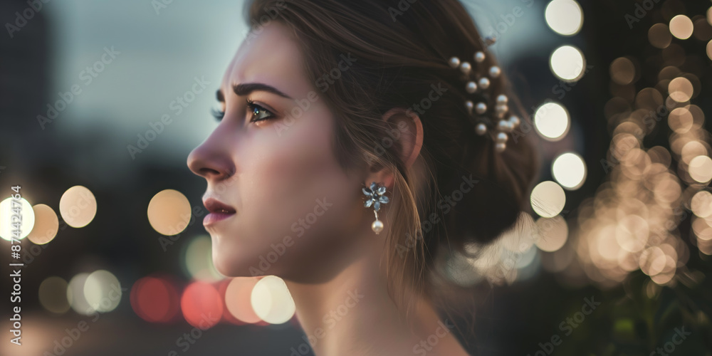 Elegant Woman with Pearl Hairpiece and Earrings in Evening Light Elegant Woman with Pearl Hairpiece and Earrings in Evening Light