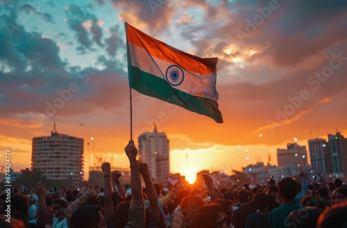 Indian Flag Waving at Sunset During Celebration in City