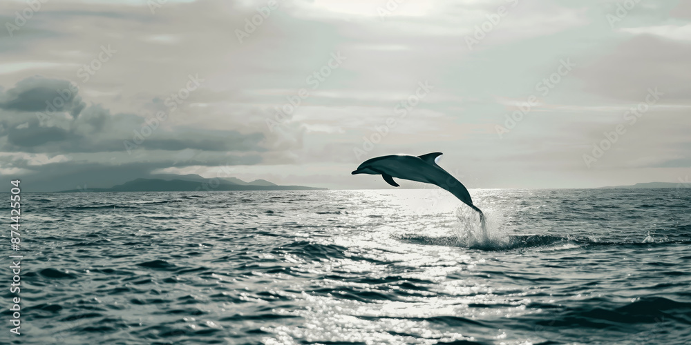 Fototapeta premium Dolphin Leaping Out of Ocean at Sunset with Scenic Mountain Background