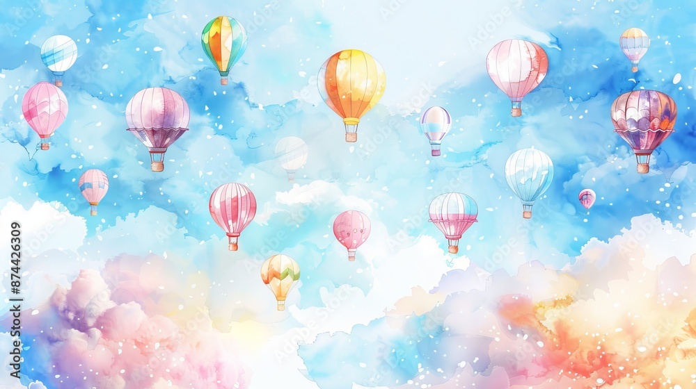 Fototapeta premium Watercolor Hot Air Balloons in Pastel Sky