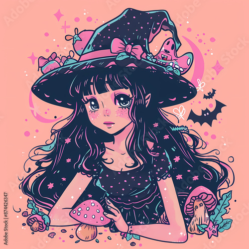Adorable kawaii witch illustration with big eyes and a cute smile