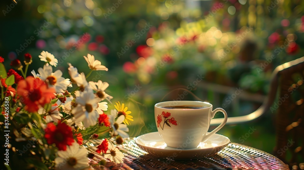 Fototapeta premium A Cup of Coffee in a Sunny Garden With Colorful Flowers