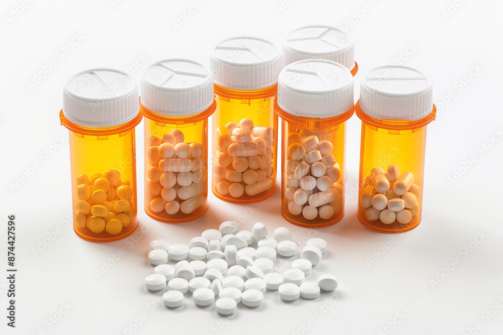 Six orange prescription pill bottles with white caps, some spilled white pills in the foreground, highlighting healthcare and medication. Six orange prescription pill bottles with white caps, some spilled white pills in the foreground, highlighting healthcare and medication.