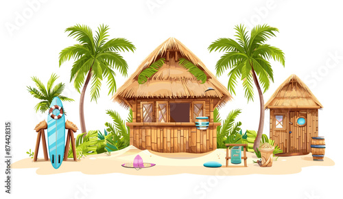 Vector surfing bungalow, Hawaiian bamboo hut bar surfboard, tropical plants. Beach shack house, exotic vacation camping straw roof, summer cartoon island building. Beach shack seashore sand clipart photo