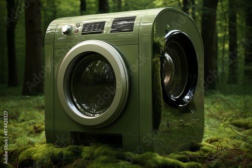 Photorealistic image of a green washing machine uniquely placed in a lush forest setting