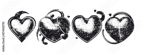 Vector y2k retro futuristic love shapes, Chrome photocopy heart print set, cosmic grain halftone kit, dot texture space sticker, February Valentine stamps, silver grunge noise shape, heart print art. 