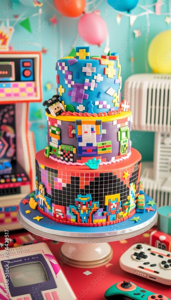 Naklejka premium Retro Video Game Themed Birthday Cake with Pixelated Decorations and Gaming Consoles for Nostalgic Celebrations