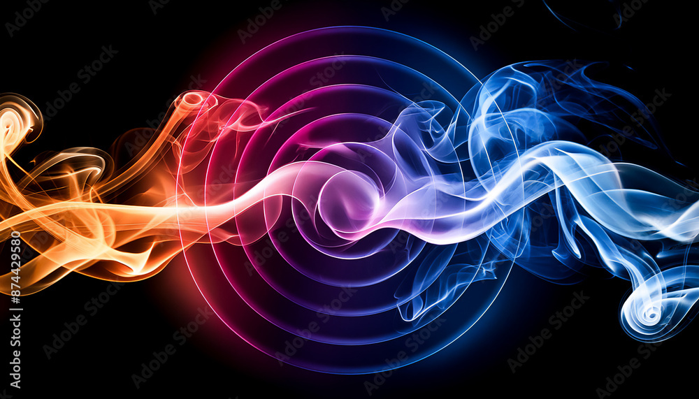 Fototapeta premium Smoke of bright gradient color, taking the shape of a Circles, flying on a black background