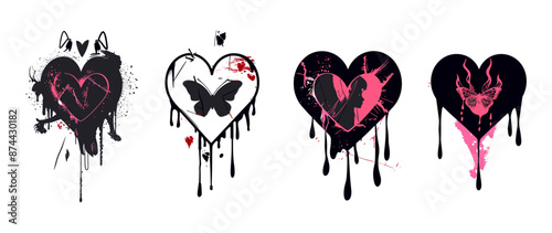 Emo heart tattoo set, cracked broken shape, girly flat icon, romantic flames silhouette, graffiti drip, vector flame gothic love sticker, y2k Valentine’s Day trendy print, butterfly clipart, emo heart