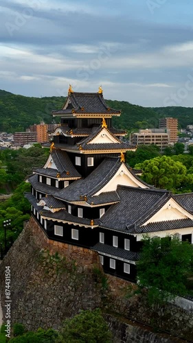 vertical aerial footage of traditional Japanese samurai castle on the riverbank at sunset, vertical drone video of Japanese landmark, Japanese culture, travel in Japan