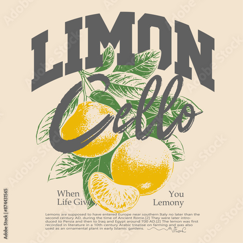 Limoncello vector graphic, vintage grunge orange fruit print design , women's graphic tee artwork for food fashion mood, college varsity text slogan text Limon cello, fruit print graphics 