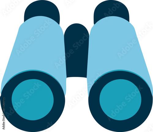 Blue binoculars in a flat design style, featuring simple shapes and minimal details.