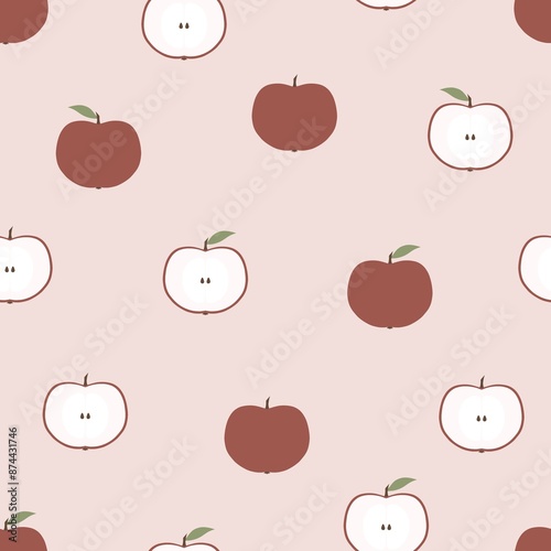 Seamless pattern of cute minimalist red apples with leaves