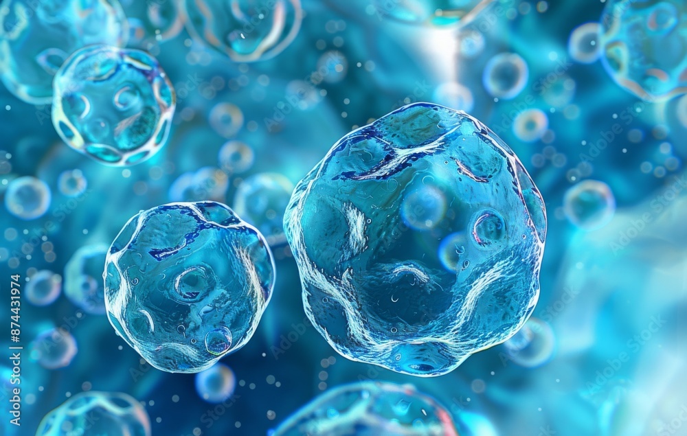 3d render of human cell background, blue color with white cells, close up 3d render of human cell background, blue color with white cells, close up