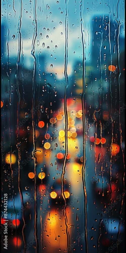 Obraz premium window, rain drops on glass with cityscape in the background, abstract background