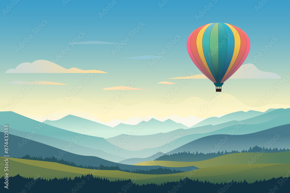 Naklejka premium Balloon flies against the backdrop of a beautiful mountain landscape. Aerostat flies in the sky against the backdrop of high mountains and green fields. Hot air balloon vector illustration.