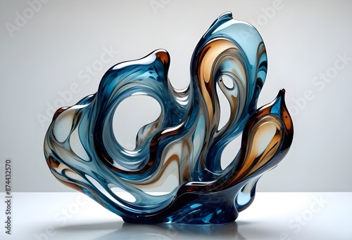 Abstract glass sculpture with flowing, organic shapes in shades of blue and turquaise 