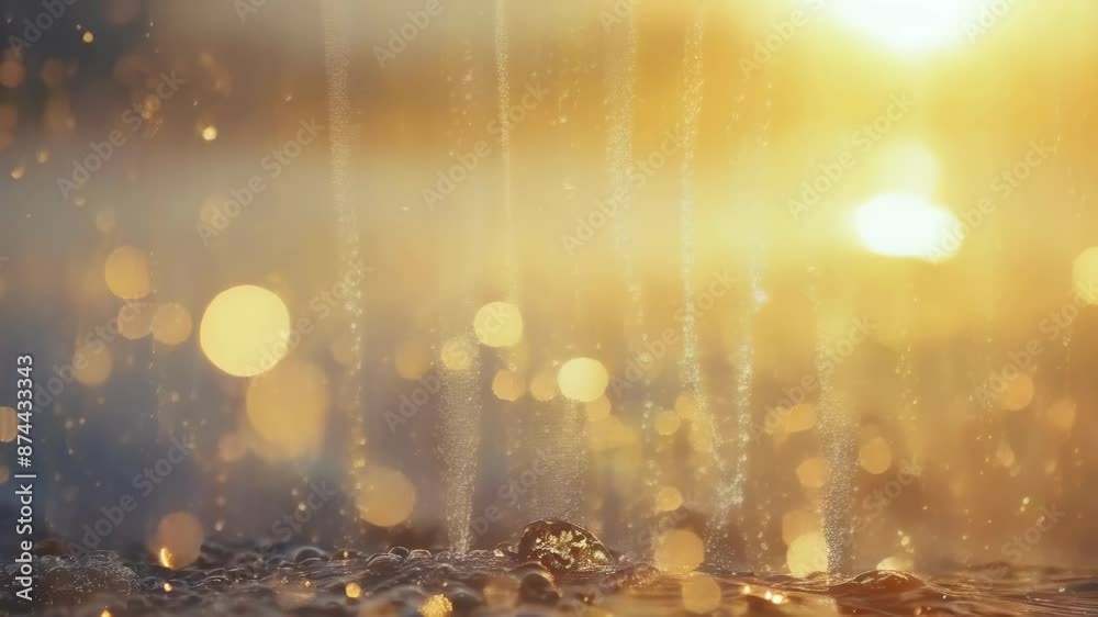 Golden sunset with warm light illuminating water droplets in the air, creating a bokeh effect. The scene exudes tranquility and warmth, with soft, blurred lights in the background.